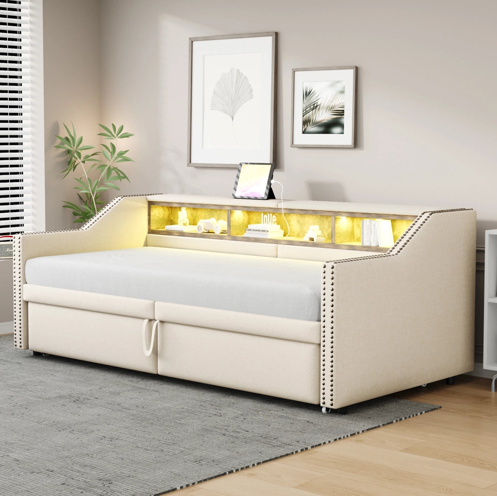 Divano letto imbottito estraibile 90/180 x 200 cm beige con LED e USB