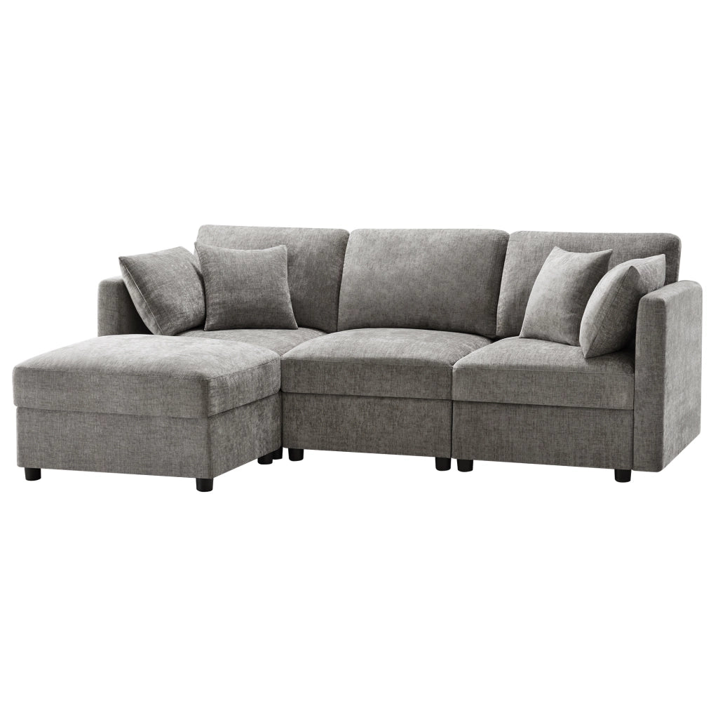 Divano angolare modulare a L con pouf; 3-4 posti; in tessuto Chenille grigio 218 x 156;5 x 86 cm