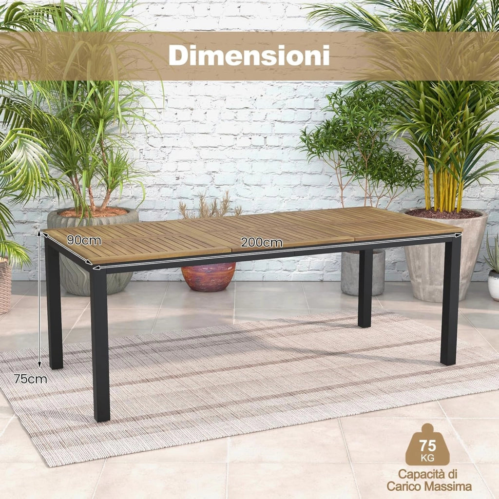 Tavolo da Pranzo a 8 Posti, Tavolo da Giardino 200 cm in Legno di Acacia, con Foro per Ombrellone da 5 cm, Gambe in Metallo, per Giardino, Cortile, Portata 75 kg (Modello 1)