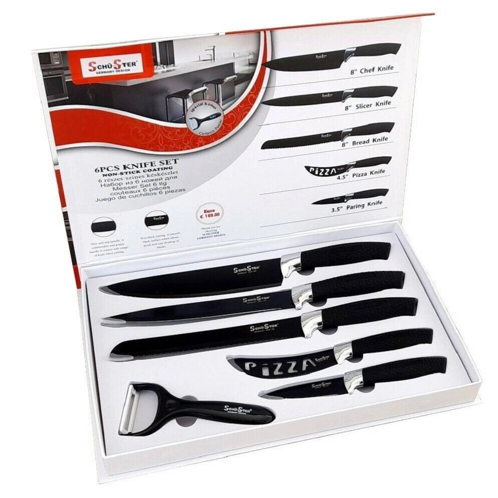 Trade Shop - Set 5 Coltelli Neri Da Cucina In Acciaio Manico Antiscivolo + Pelapatate Black -