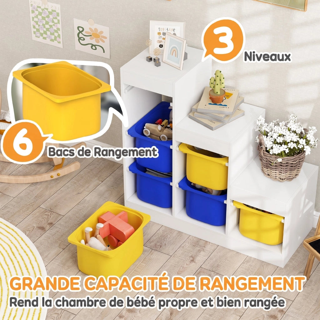 Meuble de Rangement pour Jouets 3 Niveaux 3-8 Ans Bleu Jaune