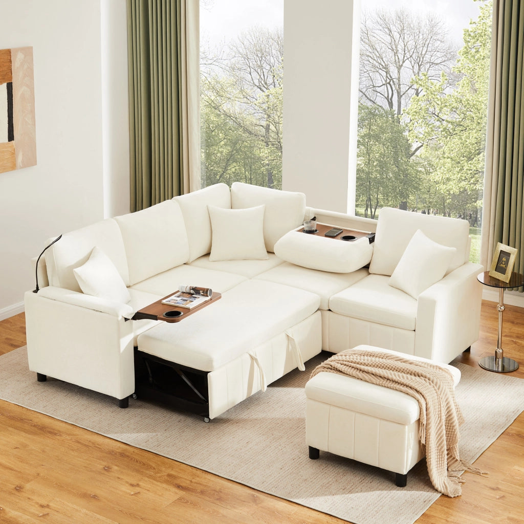 Divano angolare convertibile con funzione letto, tavolino ribaltabile, lampada, USB e Type-C, in Chenille, Beige