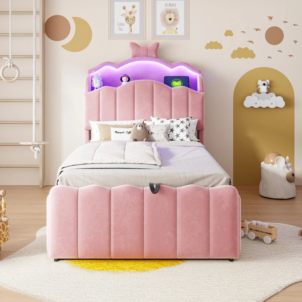 Letto per bambini 90 × 200 cm con contenitore idraulico, USB e Type-C, LED regolabile, sans materasso, en velluto rosa