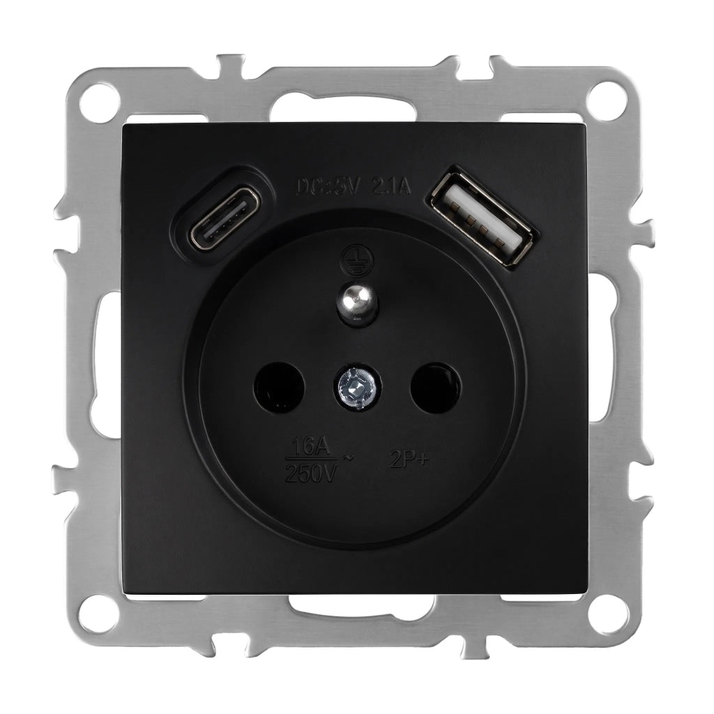 Presa Singola Con Messa A Terra + Usb-a Usb-c Oste Jnh004-g Black