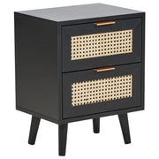 Comodino a 2 cassetti Legno di manifattura nero con cassetti frontali in rattan Comodino con gambe in legno di gomma nero Camera da letto in stile Boho