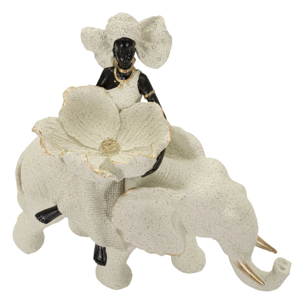 Scultura decorativa Donna su Elefante in poliresina sabbia e oro
