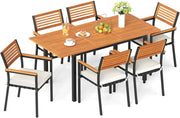 Tavolo Allungabile e 6 Sedie da Esterno, Pranzo da Giardino in Legno Massello, Tavolo con Foro per Ombrellone e Poltrone con Cuscini, Schienale e Braccioli, per Balcone e Cortile
