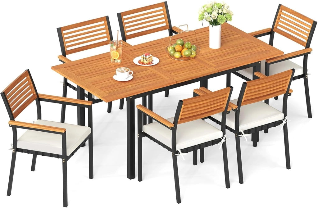 Tavolo Allungabile e 6 Sedie da Esterno, Pranzo da Giardino in Legno Massello, Tavolo con Foro per Ombrellone e Poltrone con Cuscini, Schienale e Braccioli, per Balcone e Cortile