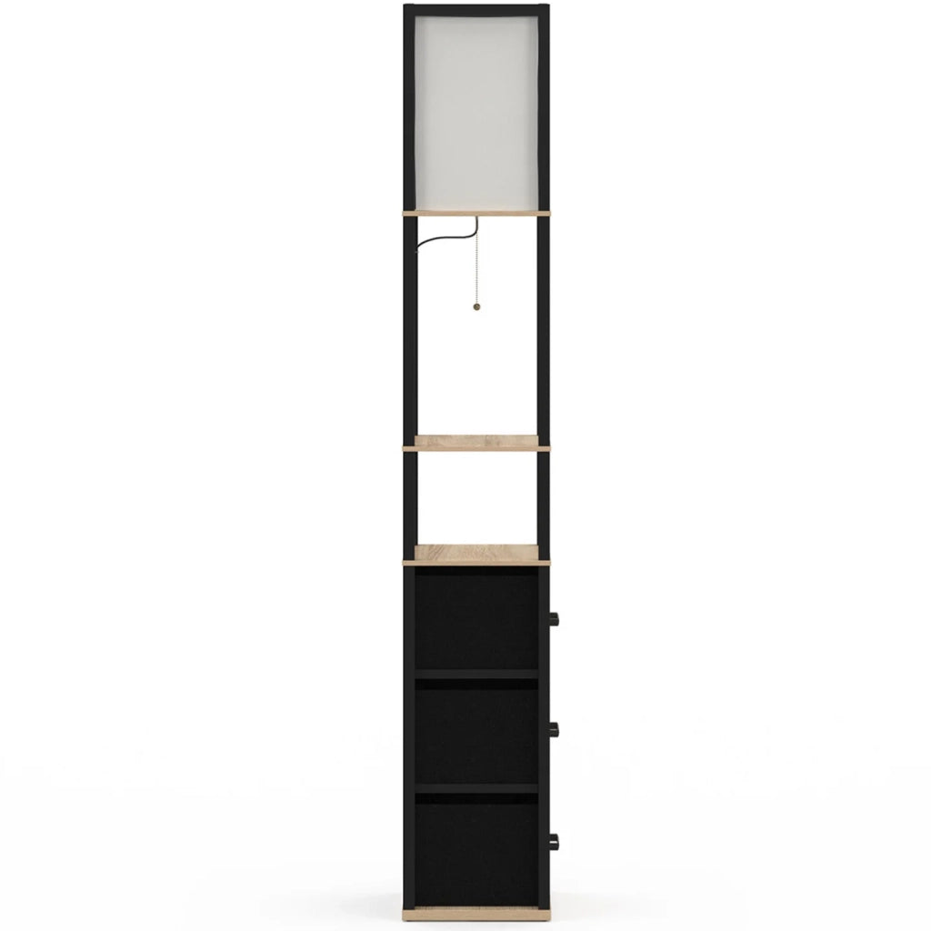 IDMarket - Lampada da terra industriale in legno nero con ripiani in legno chiaro, 3 cassetti in tessuto UTAH e paralume quadrato bianco