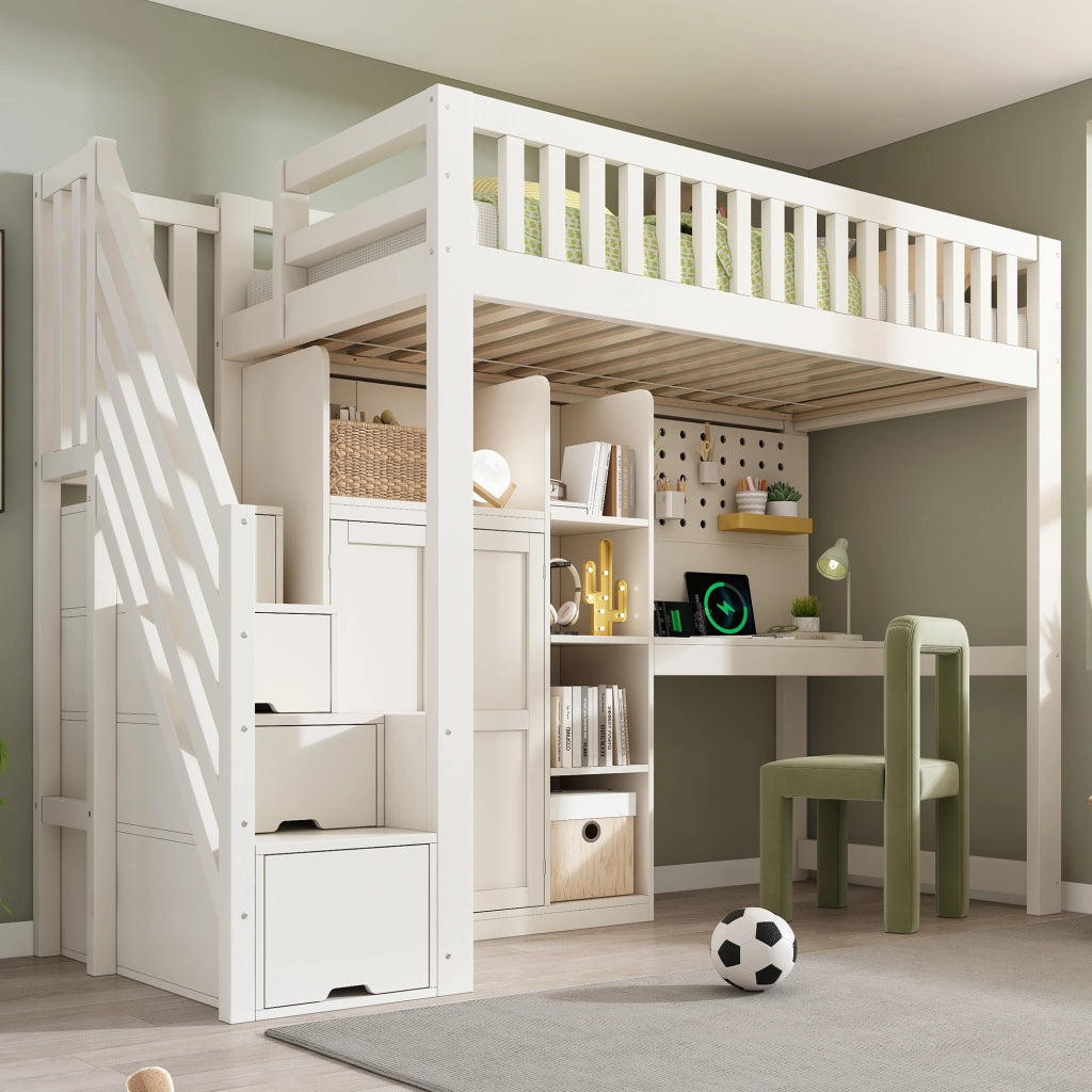 LETTO A CASTELLO 90 x 200 cm bianco con scrivania, armadio e prese USB