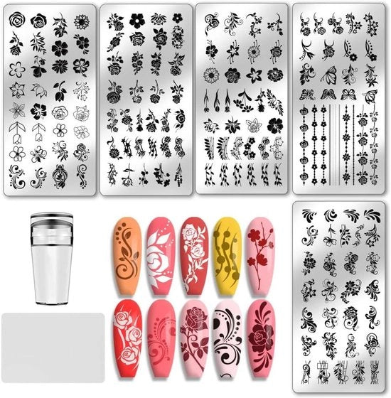 Set di timbri per unghie per disegni di fiori e farfalle con timbro e raschiatore - Accessori DIY per manicure per donne - 5 pezzi
