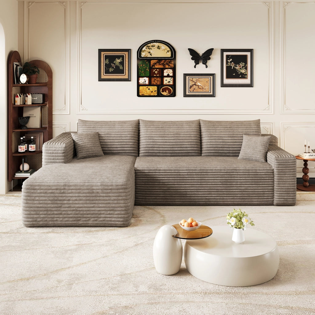 Divano angolare in tessuto con schiuma elastica e design ondulato senza montaggio camel 241 × 151 × 58 cm