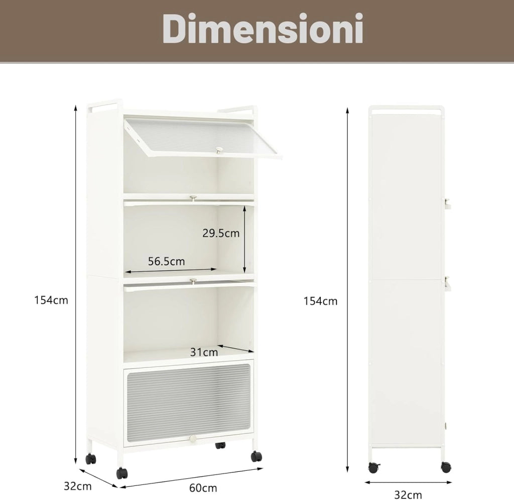Mobile Dispensa Cucina a 5 Livelli, Mensola Microonde con Anta a Vista, Ruote, Dispositivo Antiribaltamento, Scaffale da Cucina in Ferro per Soggiorno, Sala da Pranzo, 60x32x154cm (Bianco)