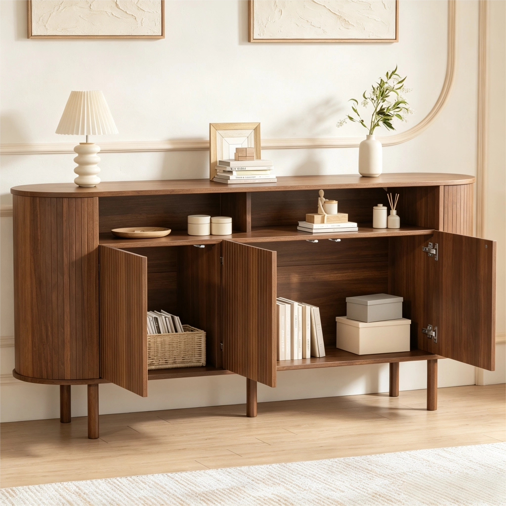 Credenza con 3 ante e vani aperti - per soggiorno - truciolare - 160×40×78.5 cm - noce