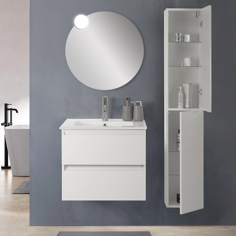 Mobile bagno sospeso 60cm in legno bianco lucido 2 cassettoni con lavabo e specchio Leda