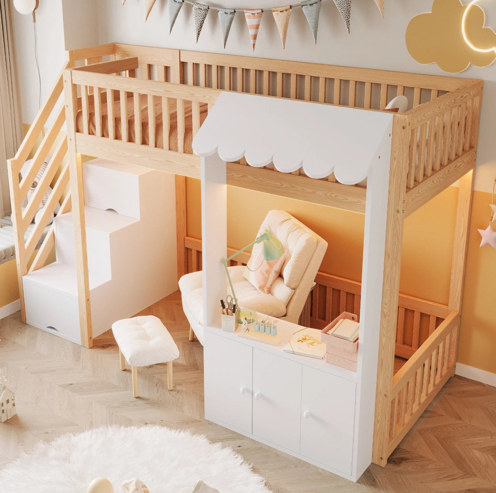 Letto a soppalco singolo 90x200 cm in legno colore legno; con scala contenitore e LED