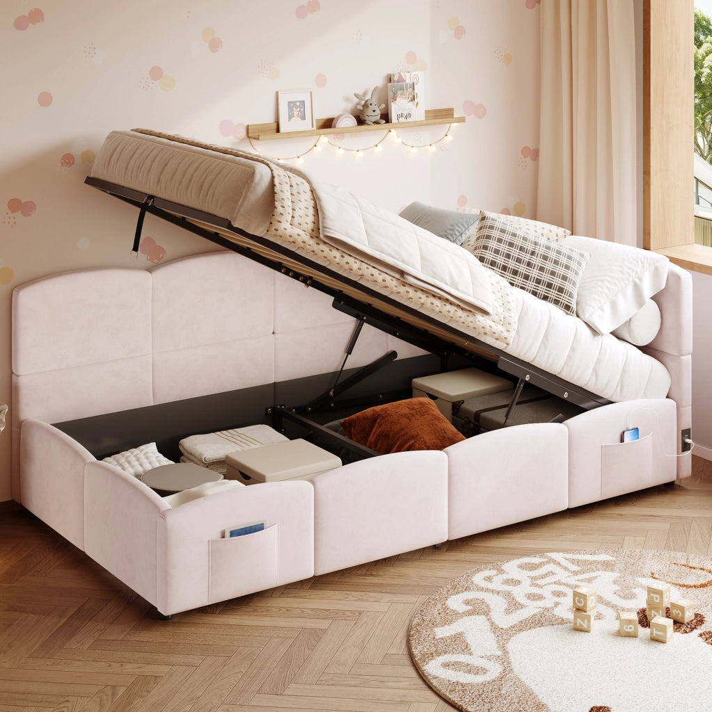 Letto singolo imbottito 90x200 cm con contenitore idraulico; USB-A e USB-C; velluto rosa