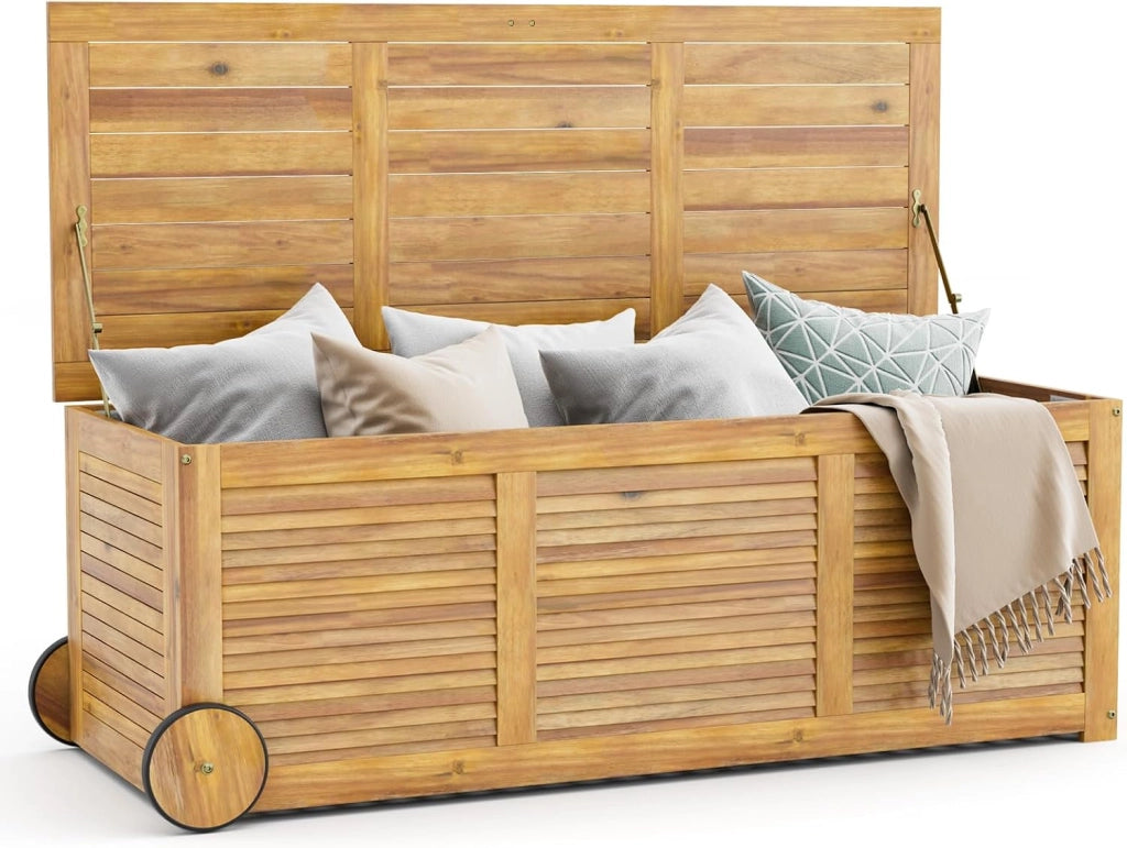 Baule da Esterno con Ruote 182 L, Contenitore da Giardino con Maniglia Laterale, Panca Contenitore in Legno, per Interni e Esterni, 127 x 50 x 45 cm (Modello 7)