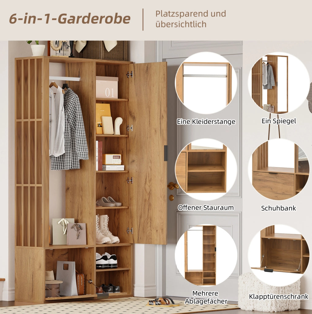 Armadio ingresso 100x33x190 cm in truciolare naturale con specchio e 9 vani