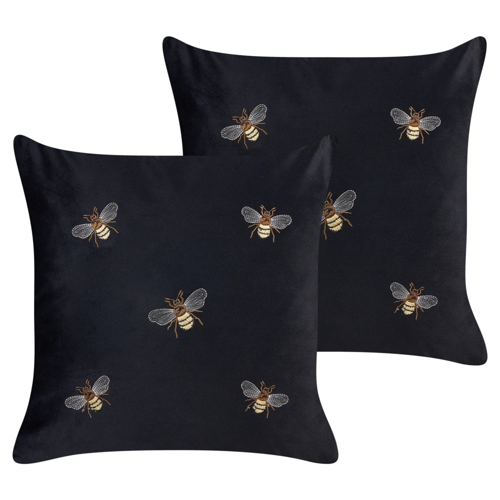Set di 2 cuscini decorativi in velluto nero 45 x 45 cm con motivo con api soggiorno camera da letto