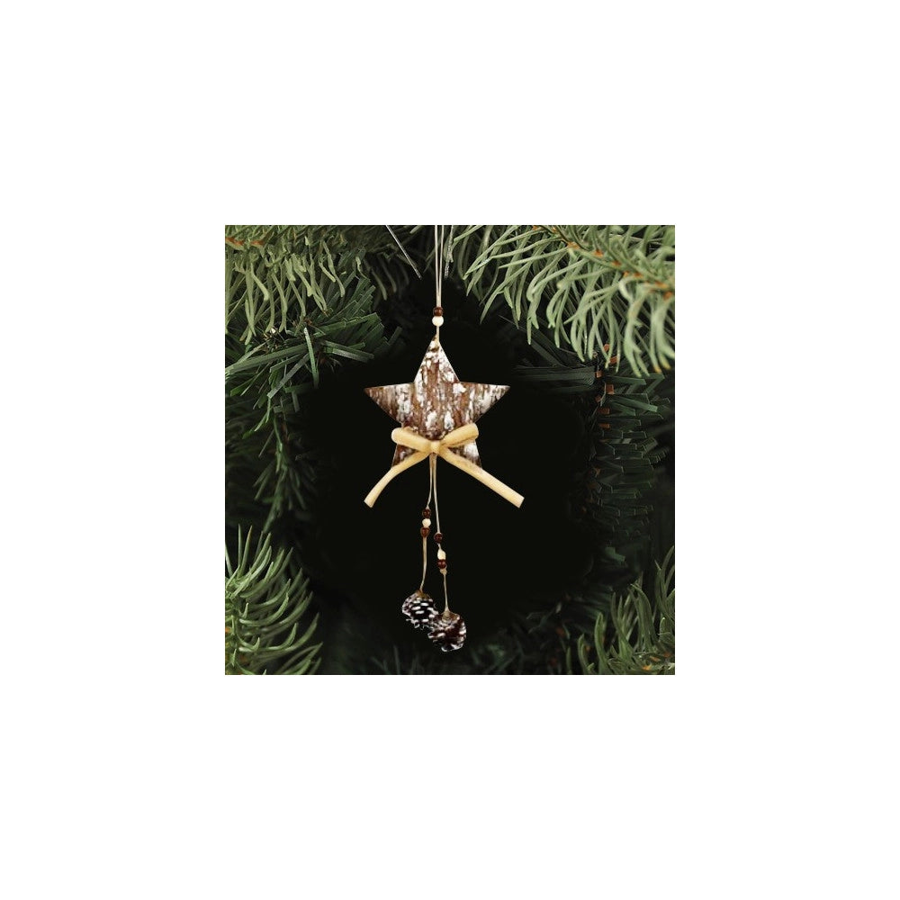 Trade Shop - 3 Appendini Natale Corteccia Legno Con Pigne Fiocco Stella Albero Alce -