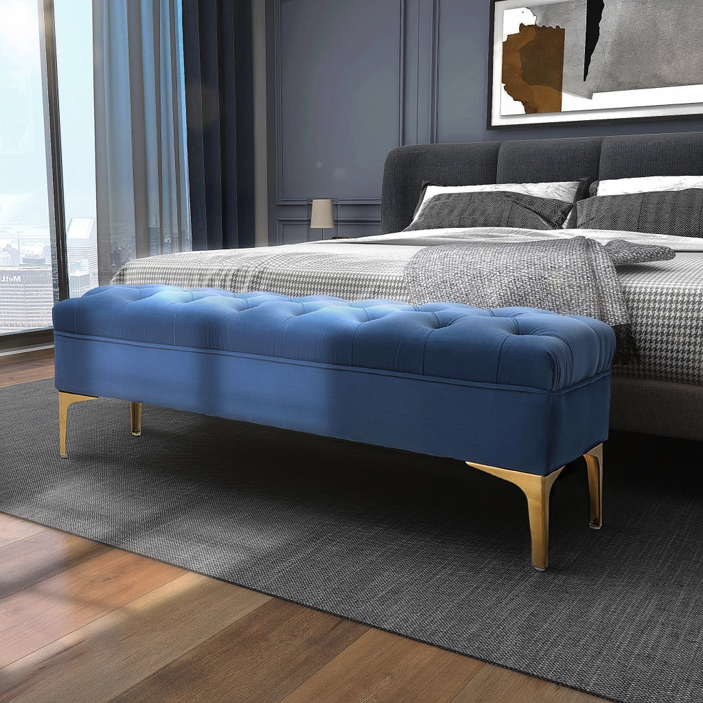 Panca da letto pouf imbottito multifunzionale con seduta trapuntata e gambe dorate in velluto blu 118 × 45 × 42 cm