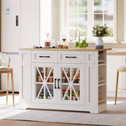 Carrello isola cucina con piano ribaltabile, 2 prese AC, 2 USB, ante in vetro e ruote frenanti