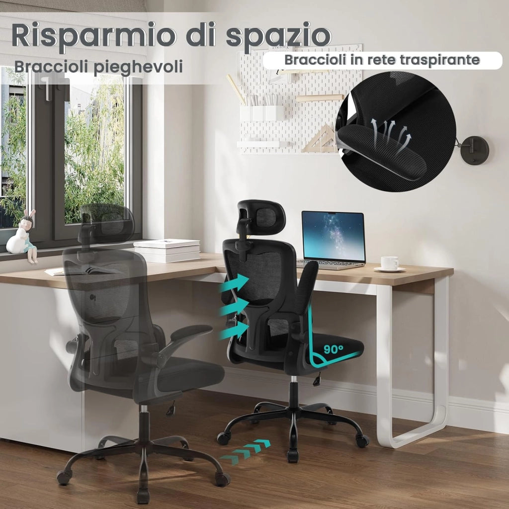 Sedia Ufficio Ergonomica, Sedie Ufficio a Rete Traspirante, Con Supporto Lombare Adattativo a Forma Di C, Poggiatesta Regolabile, Braccioli Ribaltabili, per Scrivania, Casa, Nero