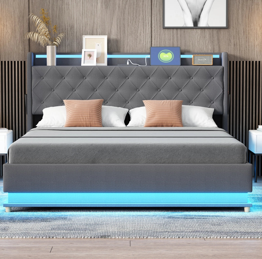 Letto imbottito 160x200 cm con LED multicolore, USB e contenitore idraulico grigio