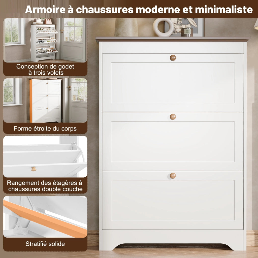 Mobile Scarpiera con 3 Ante a Ribalta; Piano Marrone e Maniglie Rotonde; Stile Country; in MDF; Bianco; 87×26×120 cm