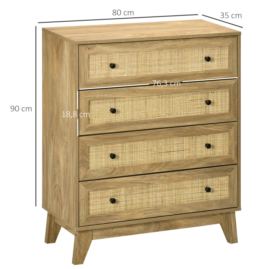 Cassettiera con 4 Cassetti in Legno con Frontale Ratan ¨C zephmum ¨C Naturale 80x35x95