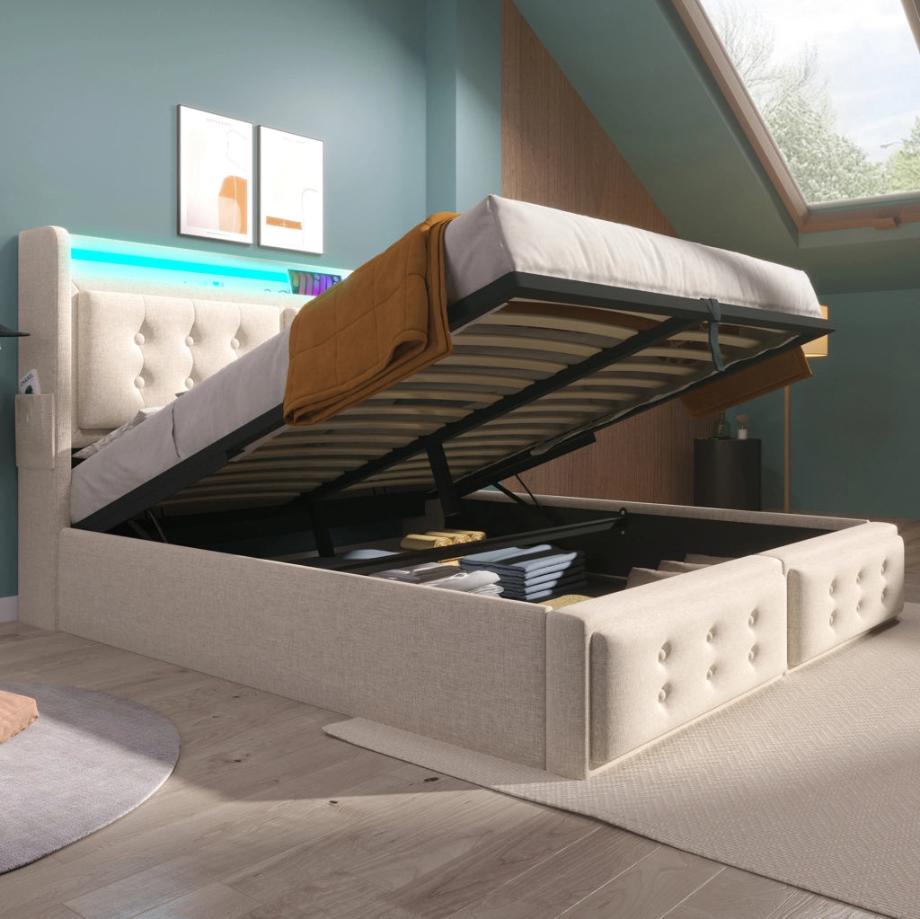 Letto imbottito 140x200 cm con LED; USB e Type-C; beige