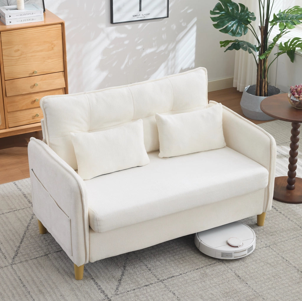 Divano 2 posti in tessuto chenille beige 127x75,5x83 cm con braccioli, tasche laterali e cuscini