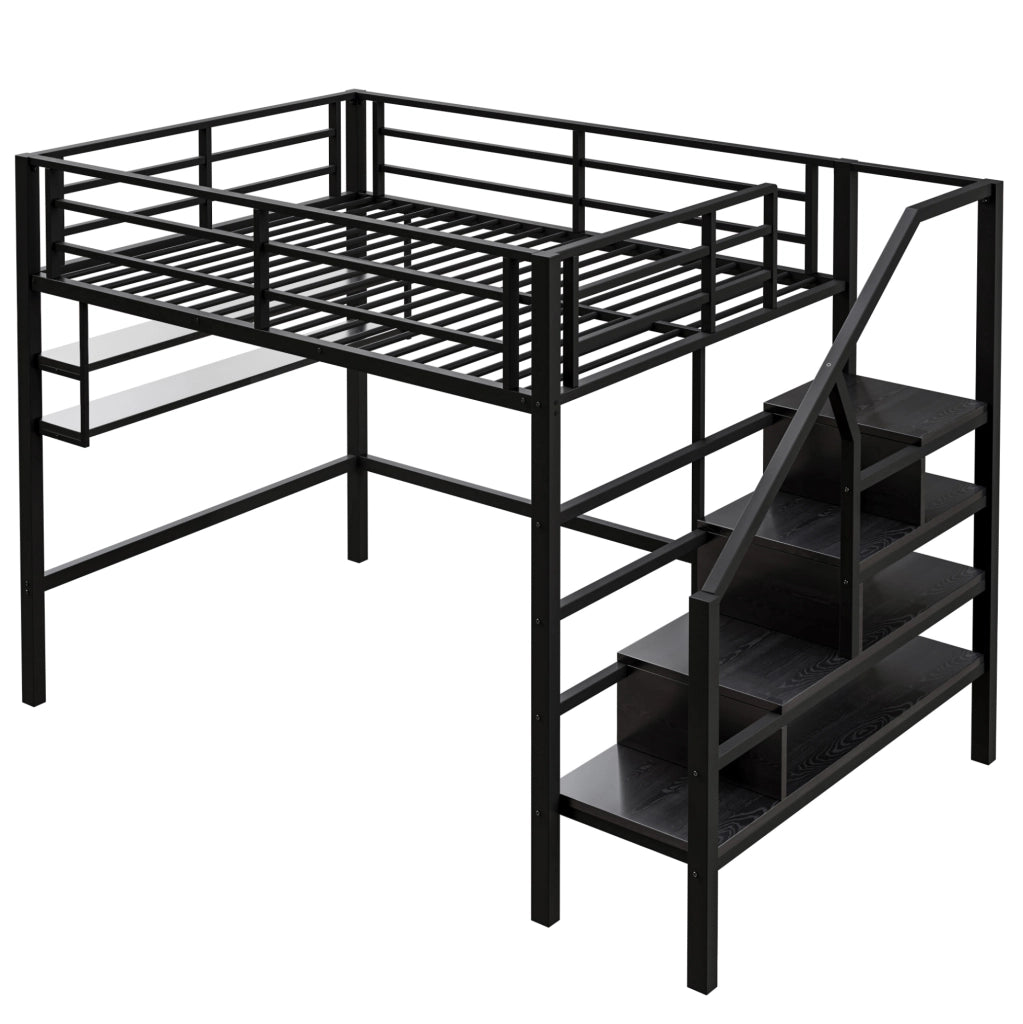Letto a soppalco 140x200 cm; con ripiani e scala contenitore; metallo nero (Senza materasso)