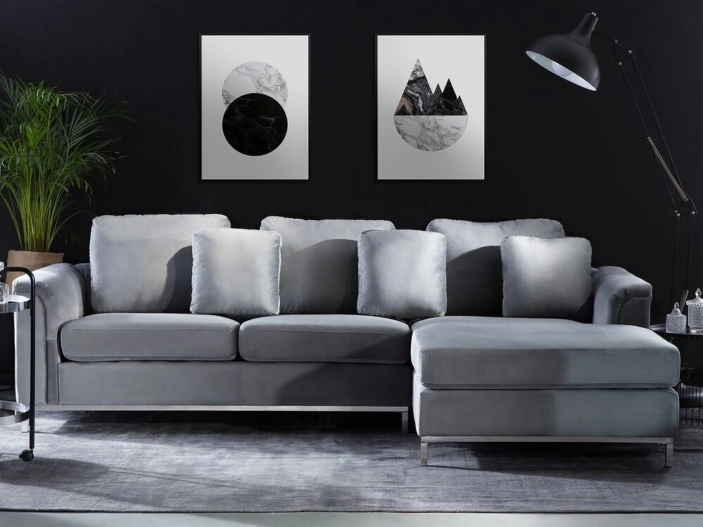 Divano ad angolo con rivestimento in velluto grigio a forma di L con orientamento a versione sinistra