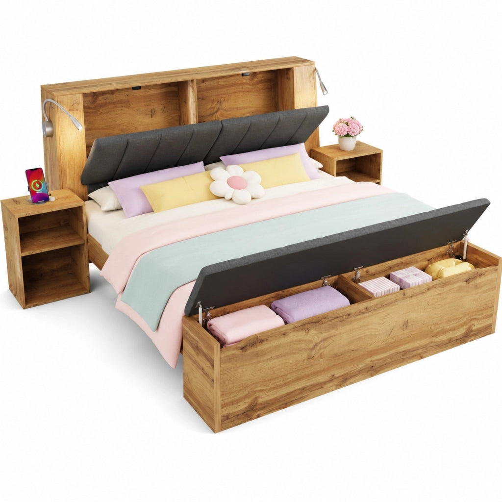 Letto matrimoniale 180x200 cm in effetto legno rovere con testiera reclinabile, lampade LED USB, comodini e panca contenitore