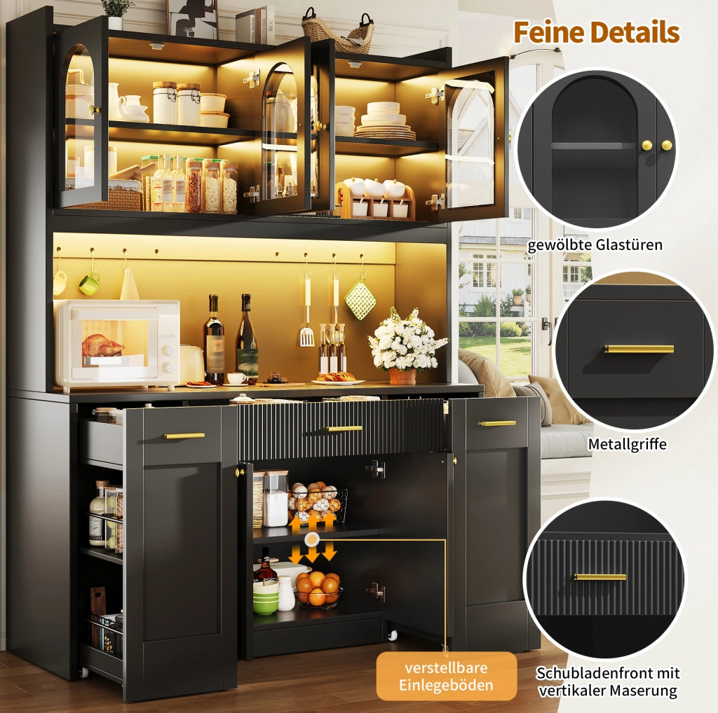 Colonna cucina 120 cm nera con LED RGB e ripiani estraibili