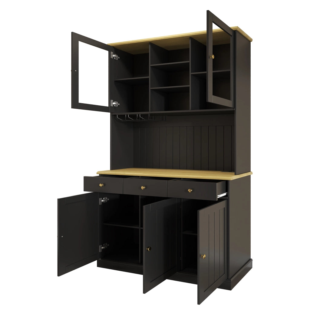 OKWISH Credenza Alta con Ante in Vetro, Cassetto, Ripiani Regolabili e Prese USB, per Cucina, MDF, 120 x 40 x 191 cm