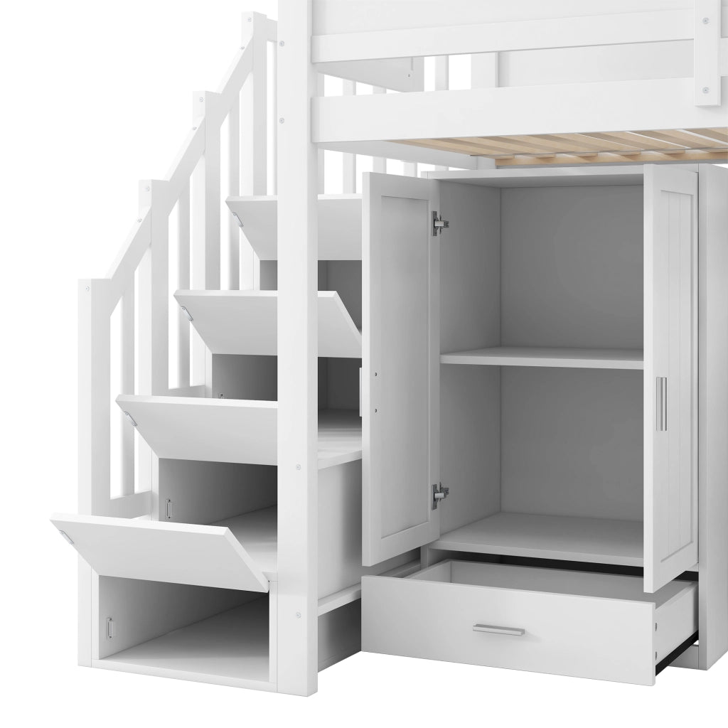 Letto a Soppalco 90x200 cm - Scrivania; Armadio; Scala Contenitore e LED - Bianco