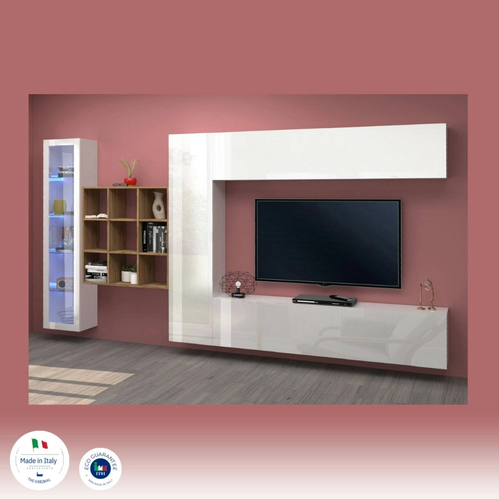 Mobile Soggiorno Avegno, Parete Attrezzata 20 Ripiani Made in Italy, 310x30x180h cm Bianco Lucido