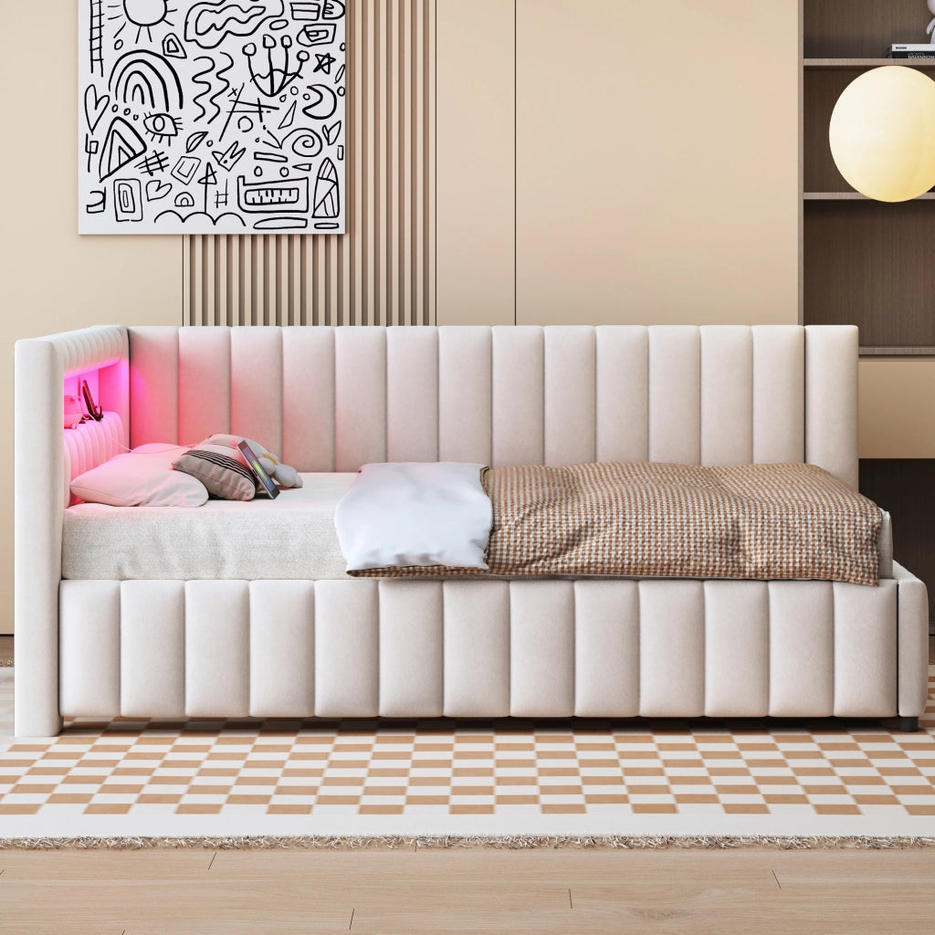 Letto imbottito matrimoniale 140×200 cm con LED; USB e testiera; senza materasso; velluto; beige