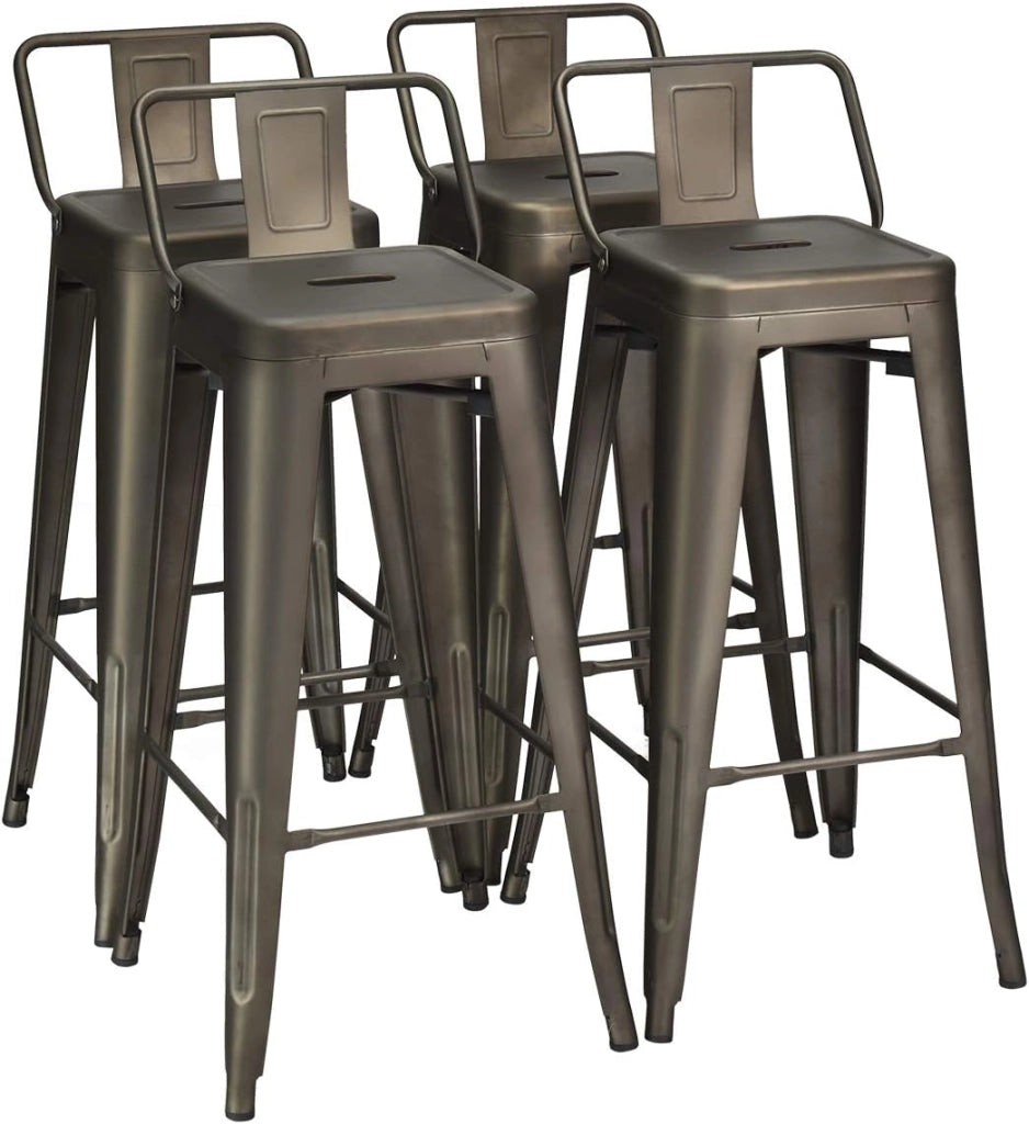 Set di 4 Sgabelli da Bar con Schienale da 94 cm, Sgabelli in Metallo Impilabili con Poggiapiedi per Cucina, Sala da Pranzo e Bar (Marrone)
