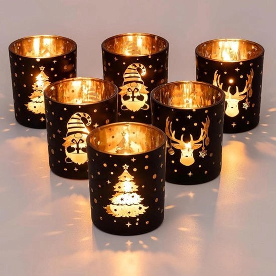 Set di supporti per candele in vetro nero per la decorazione di Natale - centro di tavola - 6 pezzi