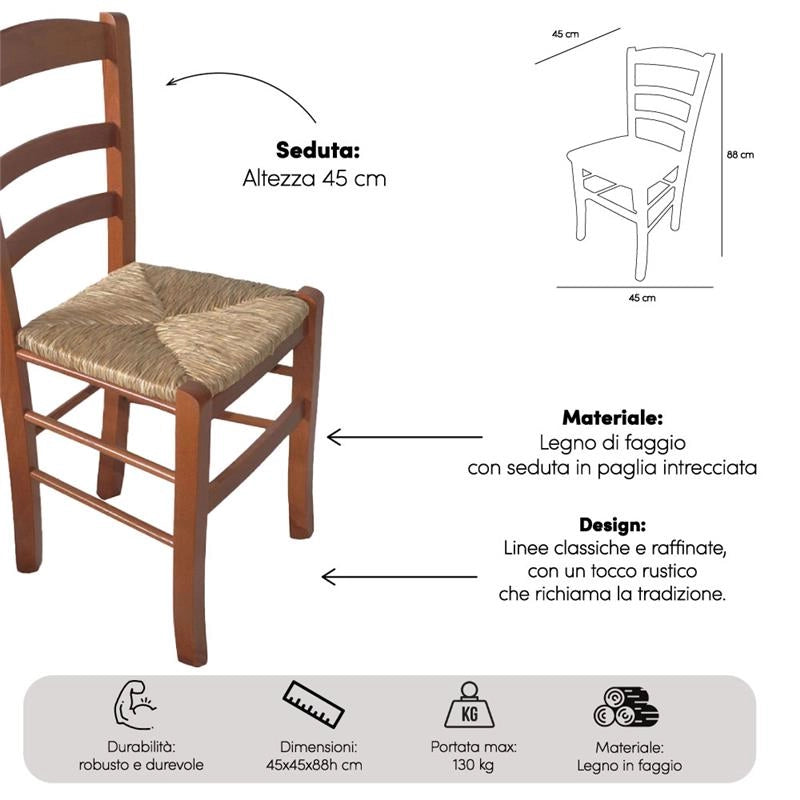 SEDIA IN LEGNO COLORE CILIEGIO 45×45×88 CM MODELLO PAESANA CON SEDUTA IN PAGLIA GREZZA E SCHIENALE ALTO - 4PZ