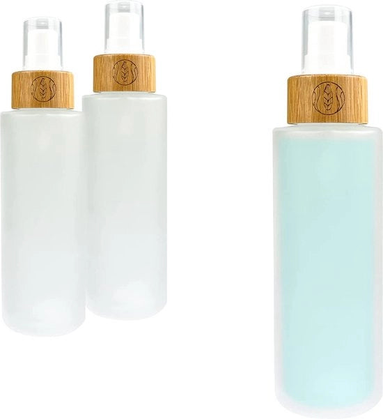 Vasetti in vetro con rivestimento in bambù, per DIY sostenibile, cosmetica naturale, con imballo regalo, con pipetta per oli e spruzzino per creme, 100 ml, spruzzino, inciso, 3 pezzi