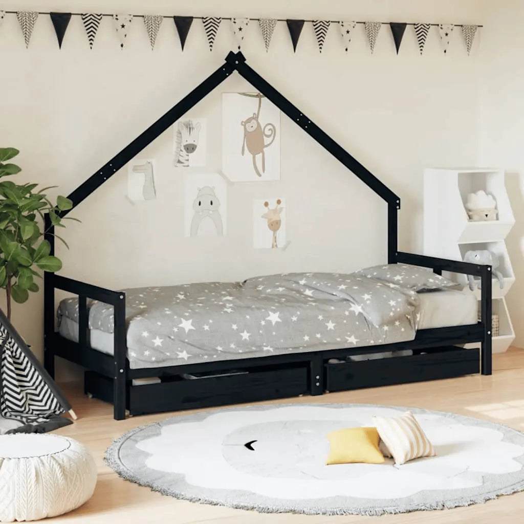 Giroletto Bambini | Letto Infantile | Lettino con Cassetti Nero 80x200cm Massello di Pino