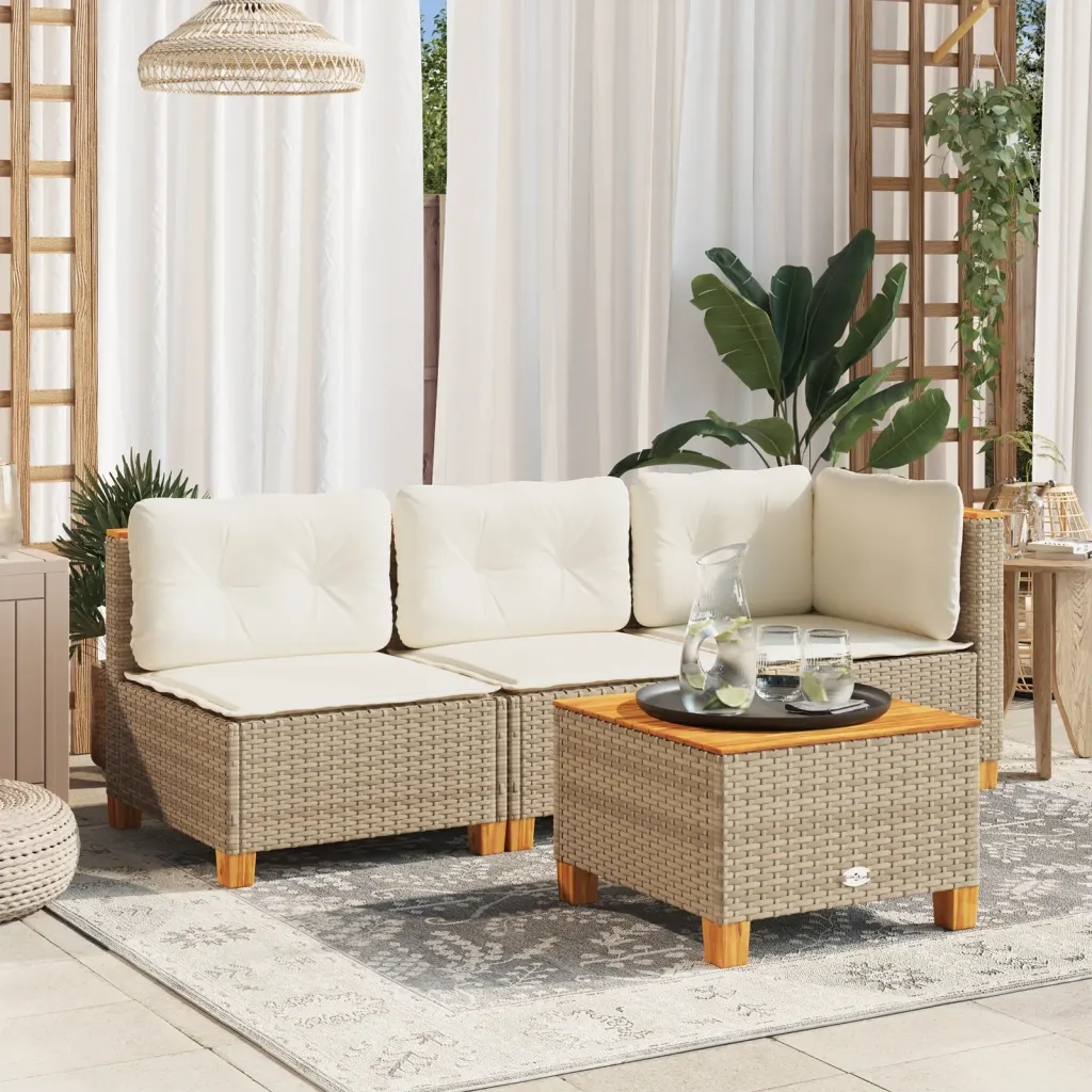 Divano Angolare da Giardino con Cuscini-Sofa da Giardino-Divanetto da esterno Beige in Polyrattan 865485