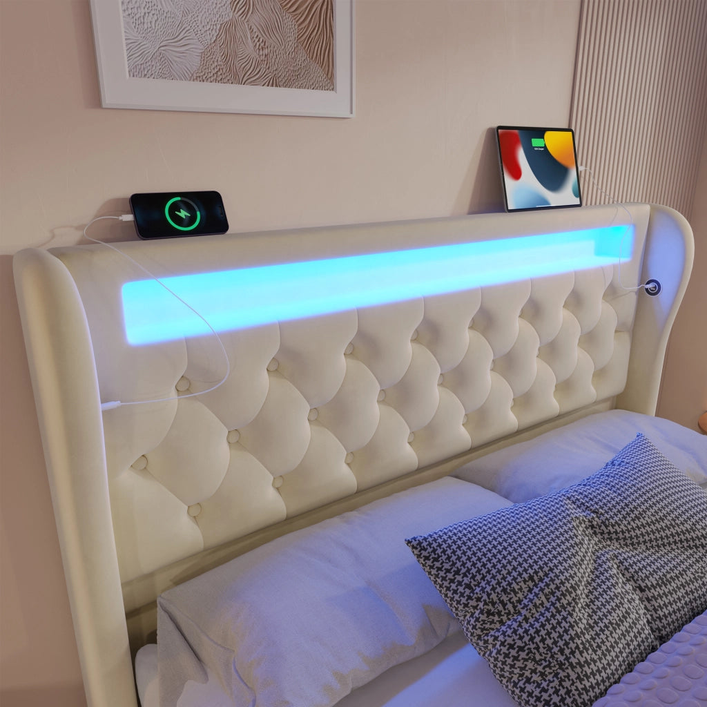 Letto Contenitore Matrimoniale Imbottito con LED ¨C Xylo ¨C Velluto Beige 140x190, Testiera USB, Idraulico