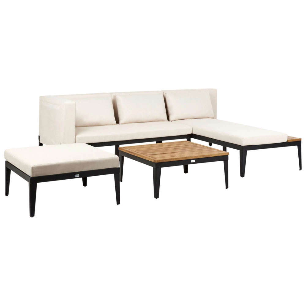 Set da giardino a 3 posti in legno di acacia certificato divano angolare con tavolino e pouf cuscini beige chiaro a sinistra