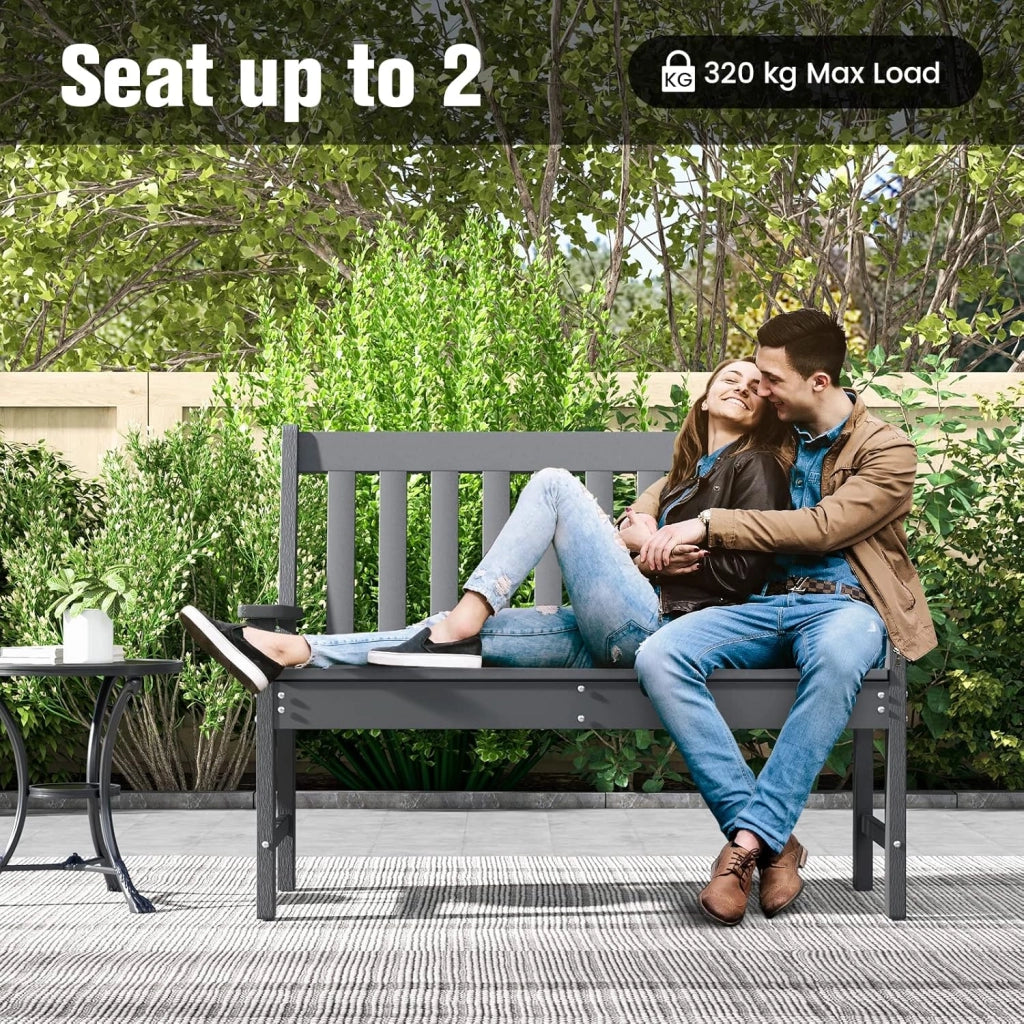 Panca da Giardino per 2 Persone in Plastica con Schienale Alto, Panca da Esterno Resistente alle Intemperie, Ideale per Parco, Patio e Terrazza, Grigio, 132 x 65 x 91 cm
